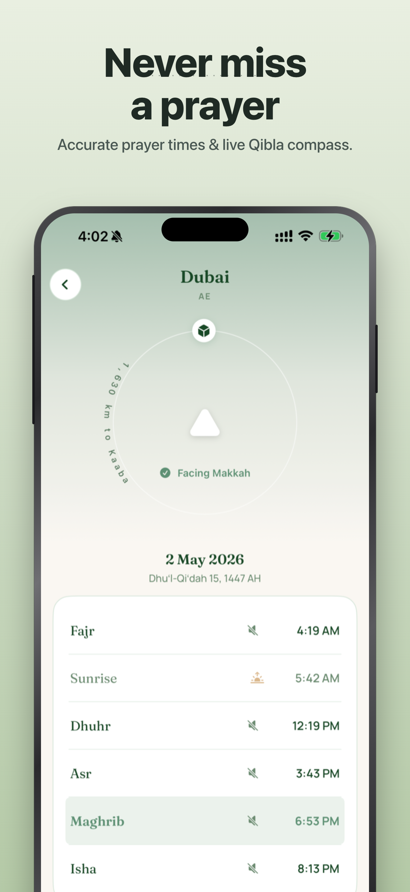 Prayer times and Qibla compass